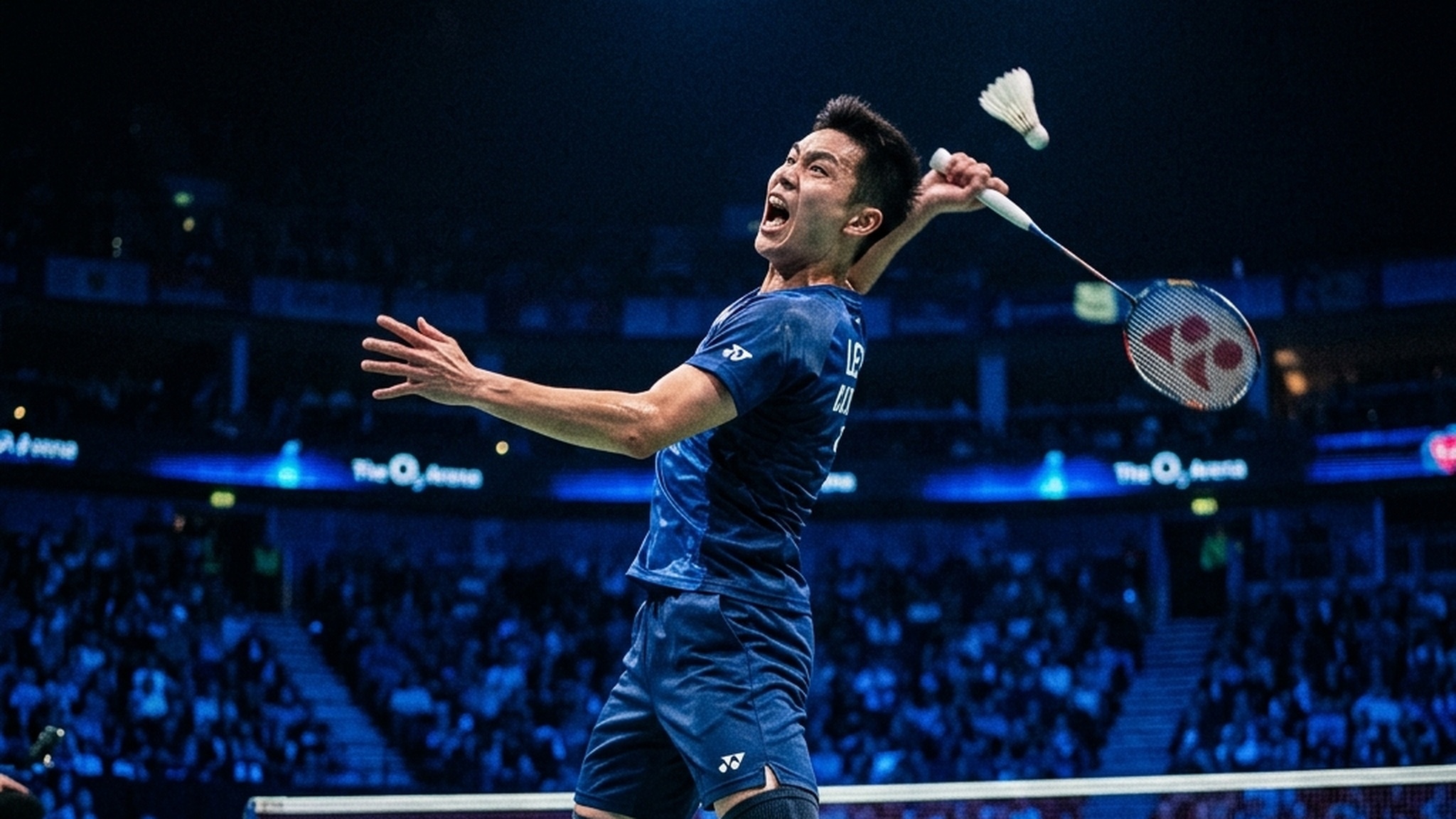 Players mid-rally on an indoor badminton court